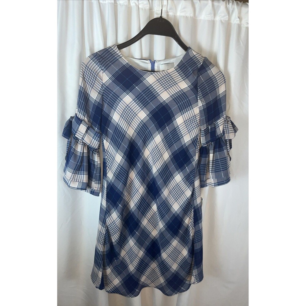 Rare Editions Blue Pink Plaid Girl Dress Size 12 Ruffled Bell Sleeve Coquette